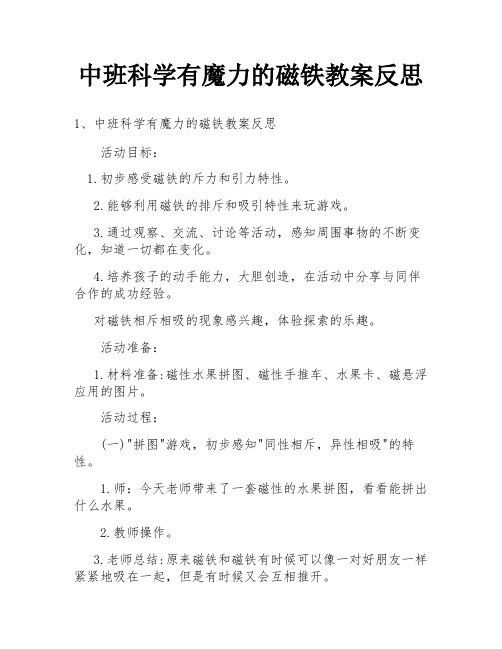 中班科学有魔力的磁铁教案反思