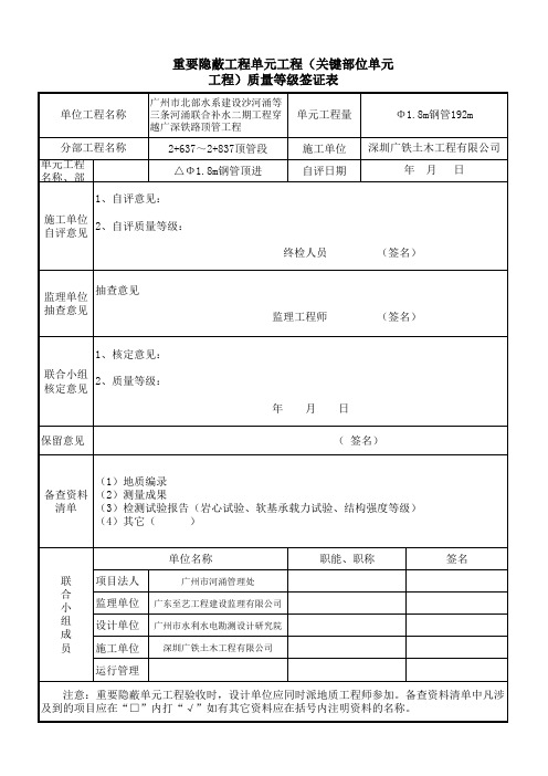 重要隐蔽工程单元工程(关键部位单元工程)质量等级签证表