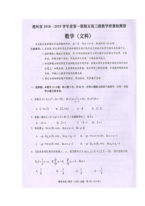 广东省潮州市2019届高三上学期期末教学质量检测数学(文)试题 扫描版含答案