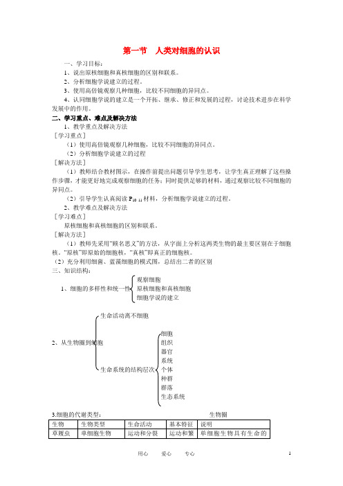 高中生物《人类对细胞的认识》学案6 中图版必修1