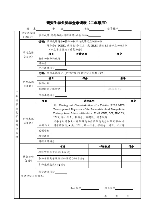 生命学院研究生学业奖学金申请表(二年级用).