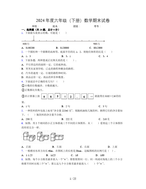 2024年度六年级(下册)数学期末试卷及详细答案解析40