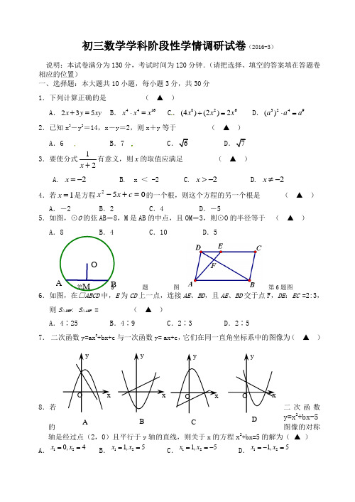 江苏省张家港市第二中学九年级下学期期中考试数学试题