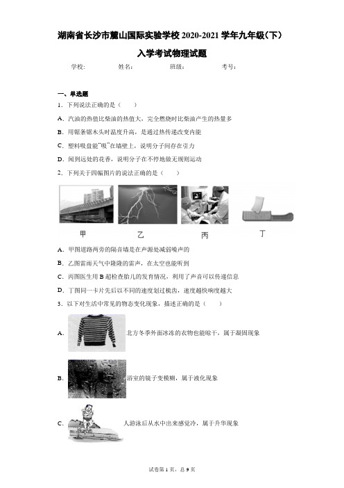 湖南省长沙市麓山国际实验学校2020-2021学年九年级(下)入学考试物理试题及参考答案