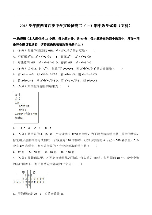 【精品】2018学年陕西省西安中学实验班高二上学期期中数学试卷和解析(文科)