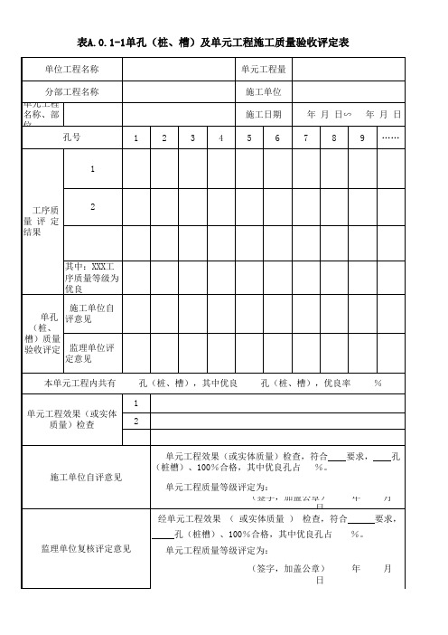 表A.0.1-1单孔(桩、槽)及单元工程施工质量验收评定表