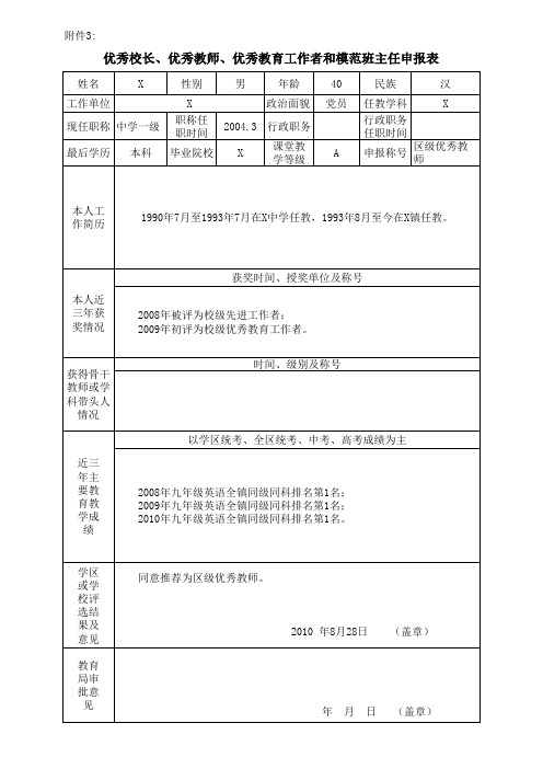 优秀校长、优秀教师、优秀教育工作者和模范班主任申报表