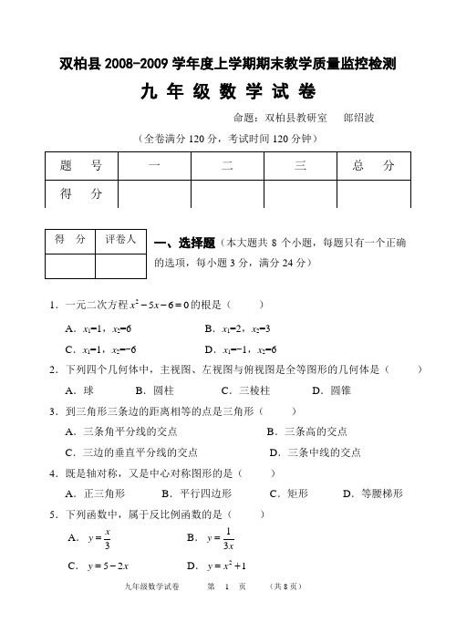 双柏县2008-2009学年度上学期期末教学质量监控检测九年级数学试卷(含答案)