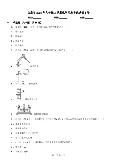 山东省2020年九年级上学期化学期末考试试卷B卷(练习)