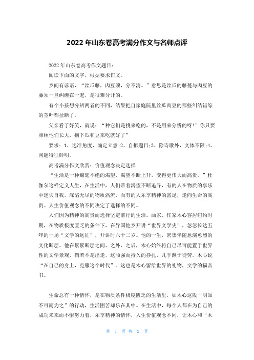 2022年山东卷高考满分作文与名师点评