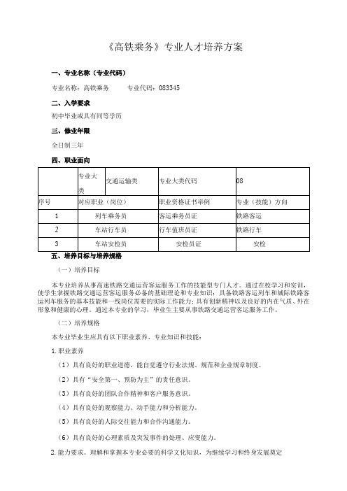 《高铁乘务》专业人才培养方案