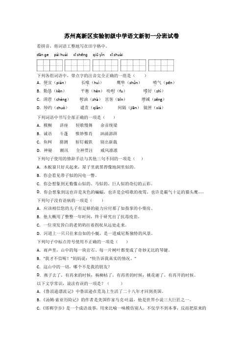 苏州高新区实验初级中学语文新初一分班试卷