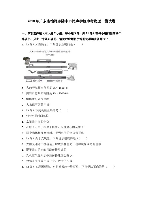 2018年广东省汕尾市陆丰市民声学校中考物理一模试卷(解析版)