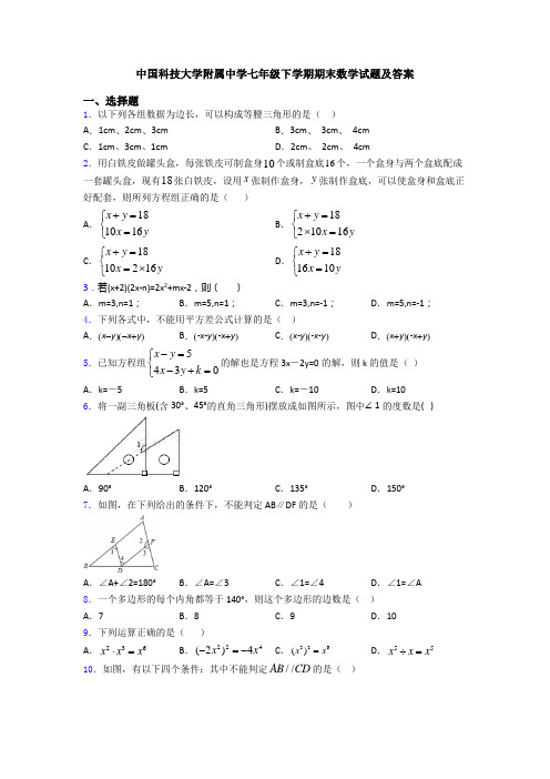 中国科技大学附属中学七年级下学期期末数学试题及答案