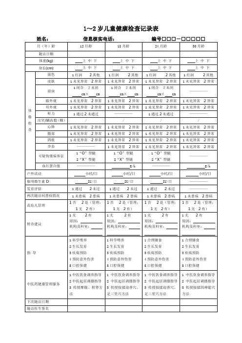 1-6岁儿童体检表格式