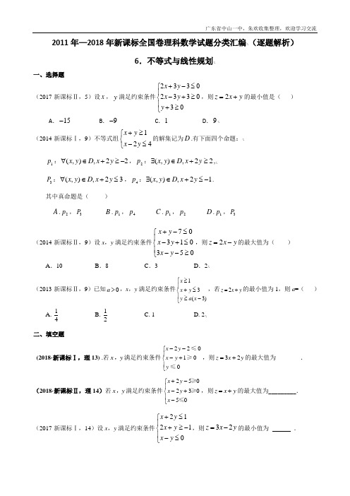 2011年—2018年新课标全国卷(1卷、2卷、3卷)理科数学试题分类汇编——6.不等式与线性规划