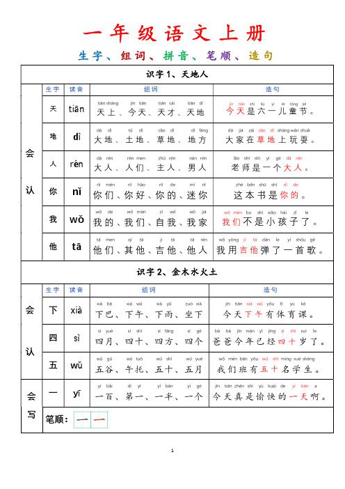 一上生字,组词,造句 (高清版)