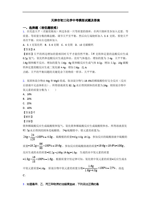 天津市初三化学中考模拟试题及答案