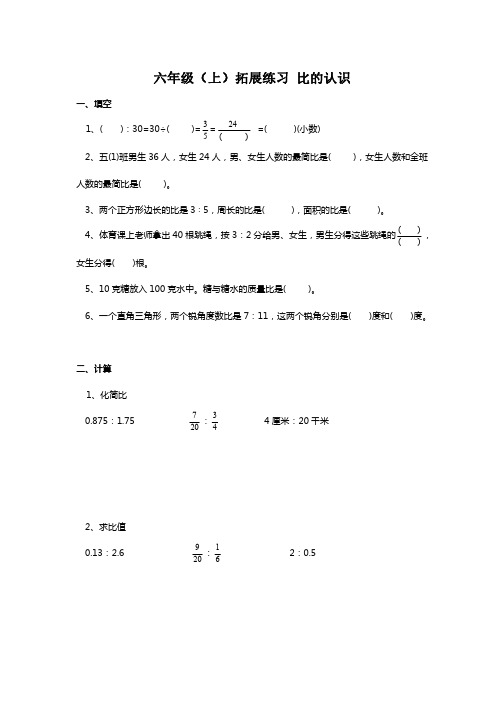 南京某校苏教版六年级数学上册《比的认识》拓展练习及答案