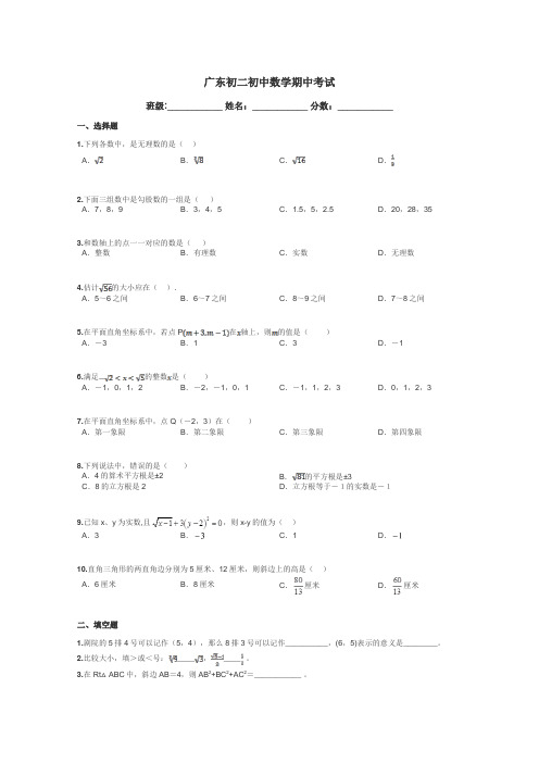 广东初二初中数学期中考试带答案解析
