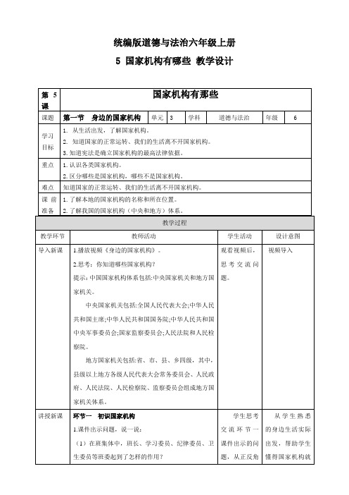 部编版小学道德与法治六年级上册第5课《国家机构有哪些》教学设计