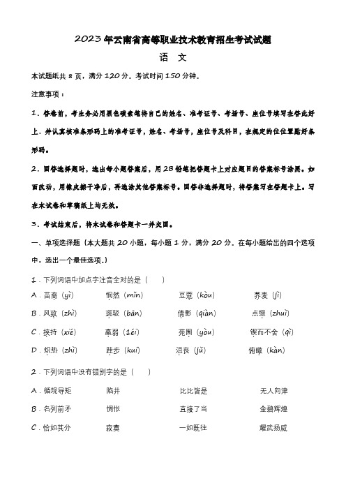 2023年云南省高等职业技术教育招生考试语文试题(原卷版)