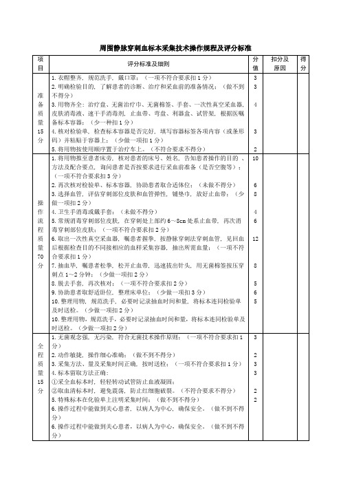 周围静脉穿刺血标本采集技术操作规程及评分标准