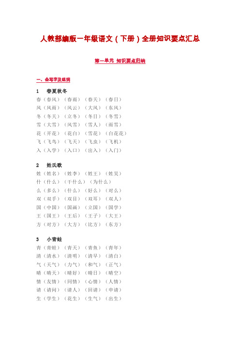 【人教部编版】一年级语文(下册)全册知识要点汇总(含答案)