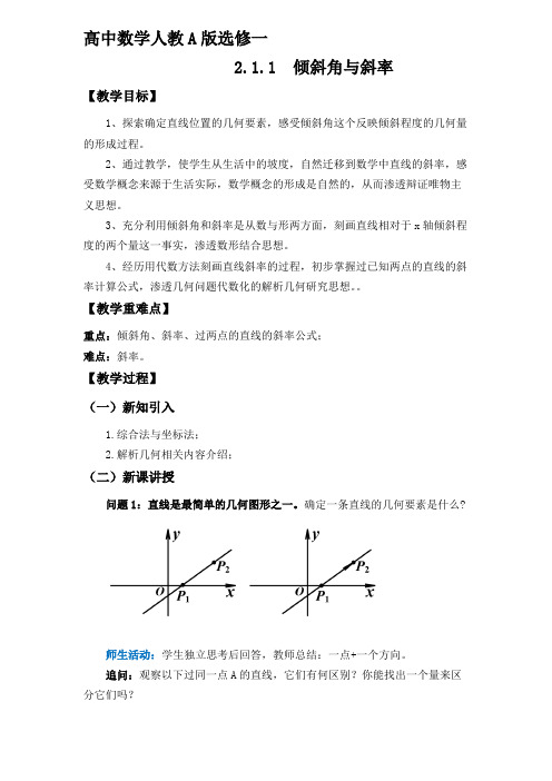 2.1.1  倾斜角与斜率  教案 人教A版选修一