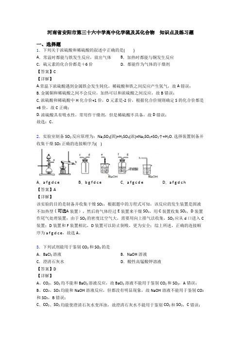 河南省安阳市第三十六中学高中化学硫及其化合物  知识点及练习题