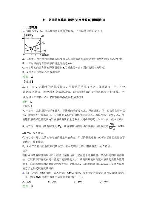 初三化学第九单元 溶液(讲义及答案)附解析(1)