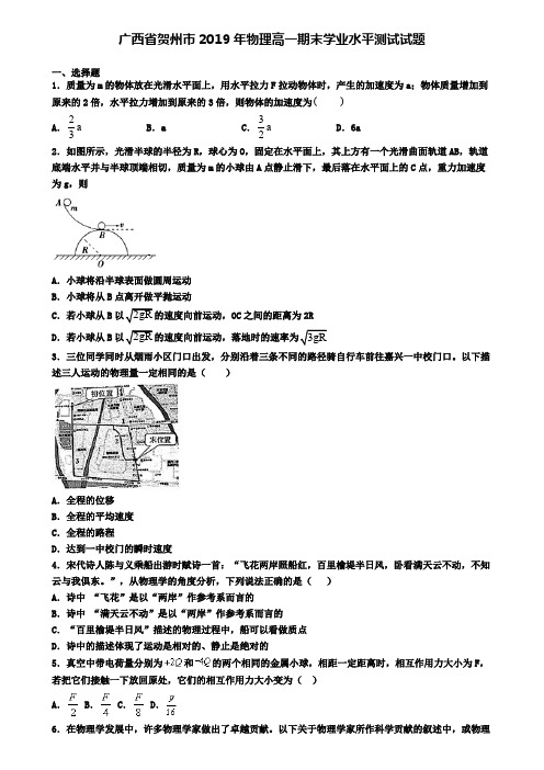 广西省贺州市2019年物理高一期末学业水平测试试题