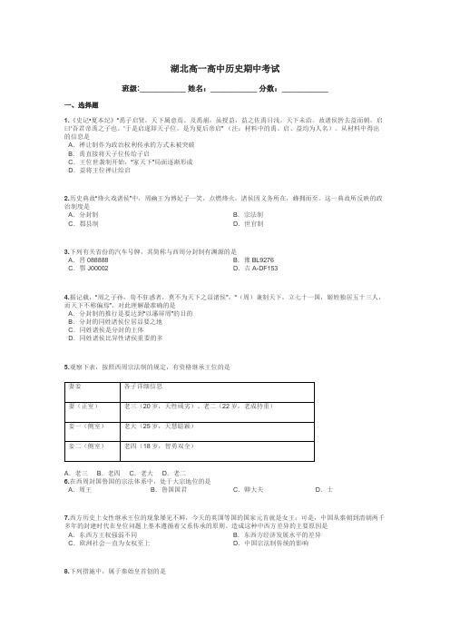 湖北高一高中历史期中考试带答案解析
