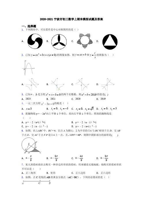 2020-2021宁波市初三数学上期末模拟试题及答案