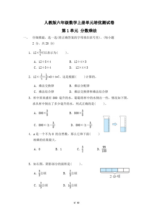 人教版六年级数学上册第1单元《分数乘法》专项试卷附答案