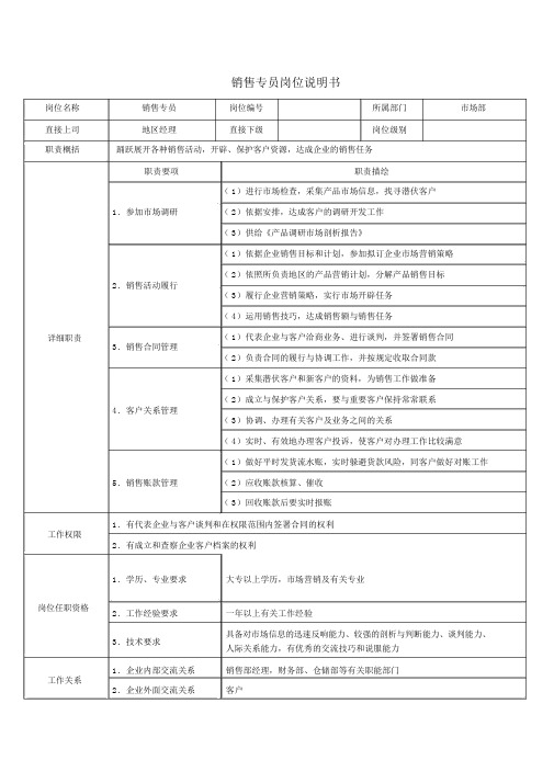 (完整版)销售专员岗位说明书