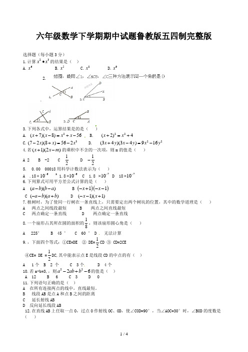 六年级数学下学期期中试题鲁教版五四制完整版