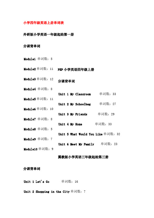 小学四年级上册英语单词表