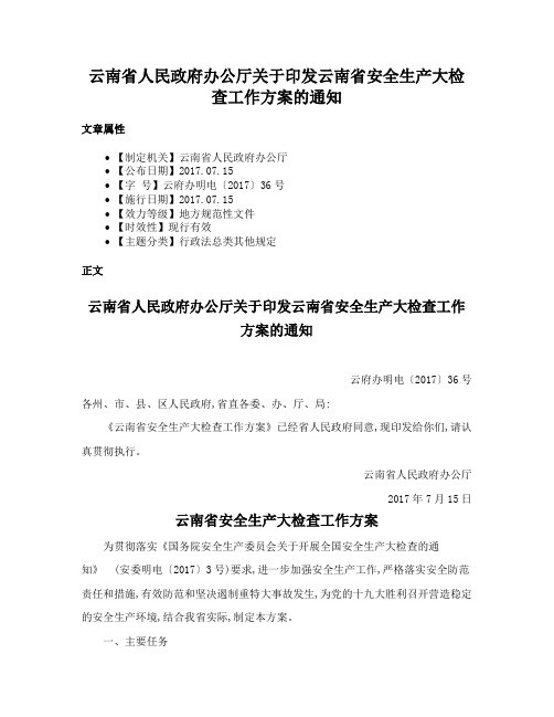 云南省人民政府办公厅关于印发云南省安全生产大检查工作方案的通知