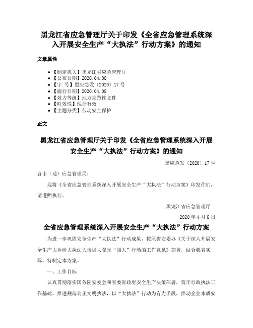 黑龙江省应急管理厅关于印发《全省应急管理系统深入开展安全生产“大执法”行动方案》的通知