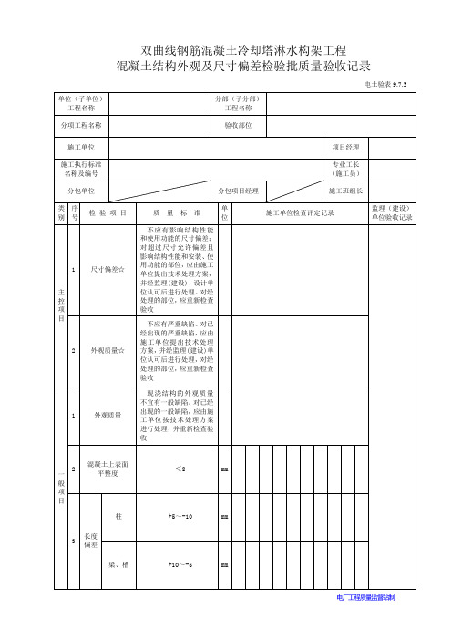 电厂工程:双曲线钢筋混凝土冷却塔淋水构架工程混凝土结构外观及尺寸偏差表(2页)