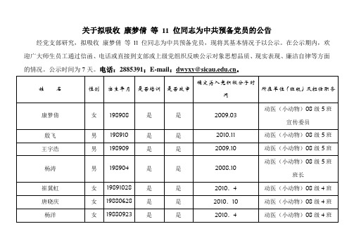 关于拟吸收 康梦倩 等 11 位同志为中共预备党员的公告