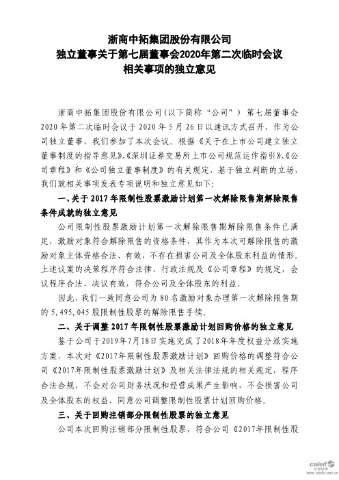 浙商中拓：独立董事关于第七届董事会2020年第二次临时会议相关事项的独立意见