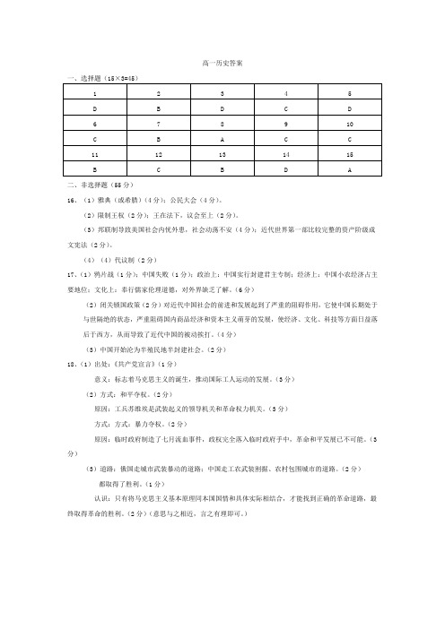 高一第二学期期中考试历史答案