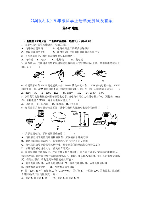 (华师大版)9年级科学上册单元测试及答案——第6章电能