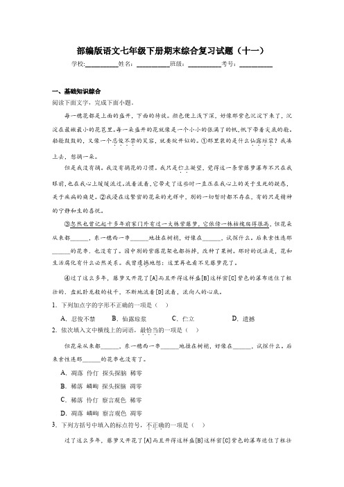 部编版语文七年级下册期末综合复习试题(十一)(含答案)