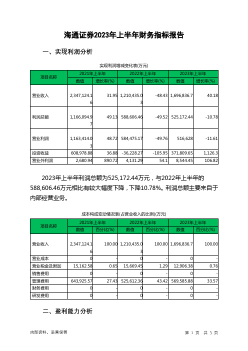 600837海通证券2023年上半年财务指标报告