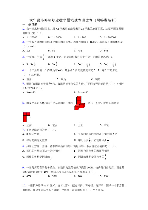 六年级小升初毕业数学模拟试卷测试卷(附答案解析)