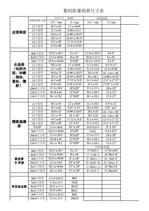 数码影像相册尺寸表