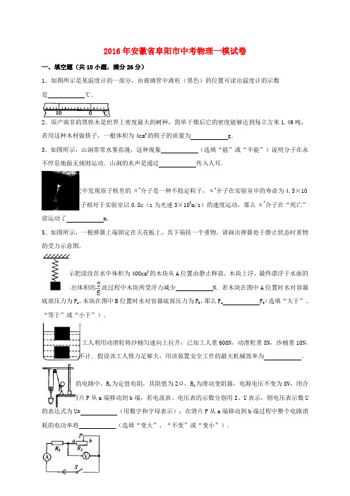 安徽省阜阳市2016届中考物理一模试卷(含解析)